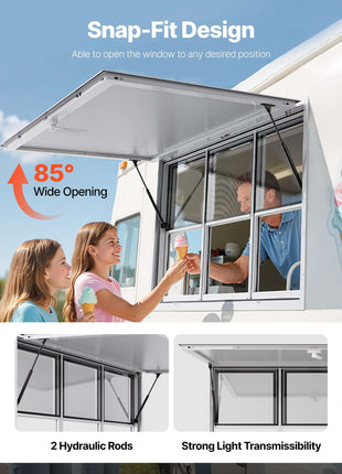 Concession Window 60x36 in, Aluminum Alloy Service Window for Food Truck, Up to 85 Degrees Stand Serving Window with 3 Sliding Windows, Awning Door, and Drag Hook, for Concession Trailers