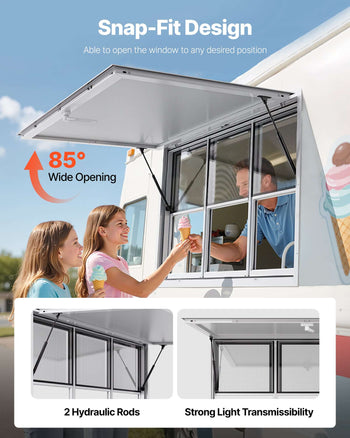 Concession Window 60x36 in, Aluminum Alloy Service Window for Food Truck, Up to 85 Degrees Stand Serving Window with 3 Sliding Windows, Awning Door, and Drag Hook, for Concession Trailers