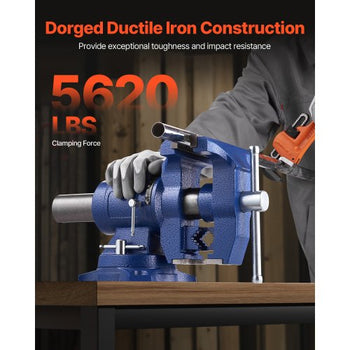 Heavy Duty Bench Vise, 6-1/2" Jaw Width, 5" Max Jaw Opening Multi-Purpose Ductile Iron Bench Vise with Anvil, 360° Swivel Base Head, 3" Throat, 5620 lbs Clamp Force, for Pipe Repairing Metalworking