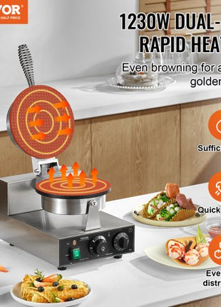 Electric Ice Cream Cone Maker, Commercial 1230W Waffle Cone Machine, Non-Stick Stainless Steel Egg Roll Mold, with Temperature and Time Control, Handle, for Restaurant Bakery Snack Bar Family