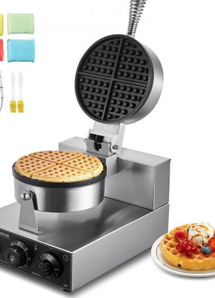 Commercial Waffle Maker, 1230W Round Waffle Baker Machine, Non-Stick Stainless Steel Belgian Waffle Iron with Temperature and Time Control, Handle, for Restaurant Bakery Snack Bar Family