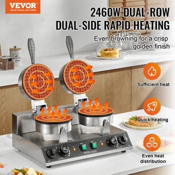 Commercial Waffle Maker, Dual-Head Round Waffle Baker Machine, 2460W Non-Stick Stainless Steel Belgian Waffle Iron with Temp and Time Control, Handle, for Restaurant Bakery Snack Bar Family