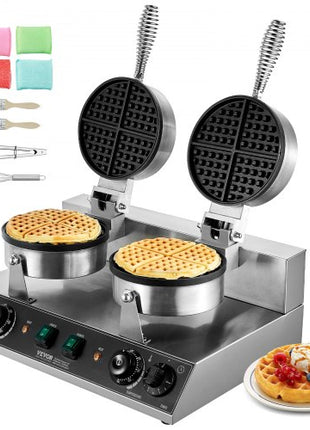 Commercial Waffle Maker, Dual-Head Round Waffle Baker Machine, 2460W Non-Stick Stainless Steel Belgian Waffle Iron with Temp and Time Control, Handle, for Restaurant Bakery Snack Bar Family
