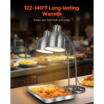 Food Heat Lamp, 500W Electric Commercial Food Warmer Light, 2-Head Stainless Steel French Fry Heating Lamp with 3 Bulbs, Catering Food Warming Equipment for Kitchen, Buffet, Restaurant, Silver