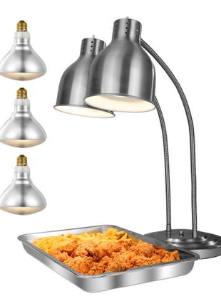 Food Heat Lamp, 500W Electric Commercial Food Warmer Light, 2-Head Stainless Steel French Fry Heating Lamp with 3 Bulbs, Catering Food Warming Equipment for Kitchen, Buffet, Restaurant, Silver