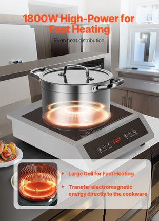 Portable Induction Cooktop, 1800W Commercial Induction Burner with 9 Temperature Settings, Stainless Steel Countertop Induction Hot Plate with 3H Timer, Child Lock, for Restaurant Cooking