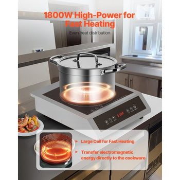 Portable Induction Cooktop, 1800W Commercial Induction Burner with 9 Temperature Settings, Stainless Steel Countertop Induction Hot Plate with 3H Timer, Child Lock, for Restaurant Cooking