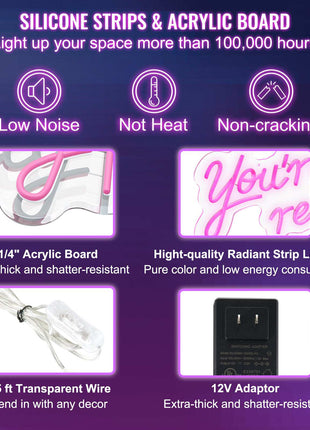 You're Like Really Pretty Neon Sign, 27.5" x 12" Pink LED Neon Signs for Wall Decor, Large Lights Sign with Remote Control and Power Adapter, Used for Party, Wedding, Living Room, Office