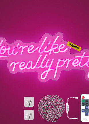 You're Like Really Pretty Neon Sign, 27.5" x 12" Pink LED Neon Signs for Wall Decor, Large Lights Sign with Remote Control and Power Adapter, Used for Party, Wedding, Living Room, Office