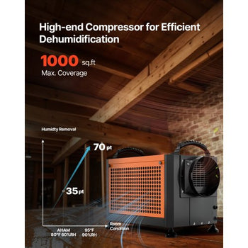 70 Pints Commercial Dehumidifier with Pump, Portable Crawl Space Dehumidifiers for Basement Storage Room Industrial, Auto Defrost/Drainage, Heavy-duty Galvanized Steel, with 2 Drain Hoses