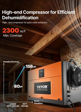 156 Pints Commercial Dehumidifier with Drain Hose, Portable Crawl Space Dehumidifiers for Basement Storage Room Industrial Grade, Auto Defrost/Drainage, Heavy-duty Galvanized Steel, LED Indicate