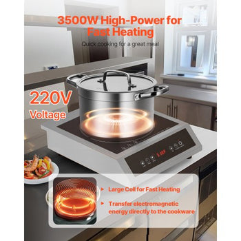 Induction Cooktop, 3500W Commercial Induction Burner with 11-Level Temperature, Stainless Steel Countertop Induction Hot Plate with 3H Timer, Child Lock for Restaurant (6-15P Plug, 6-20R Outlet)
