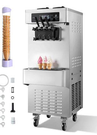 Commercial Ice Cream Machine, 20-28L/H Yield, 2200W 3-Flavor Freestanding Soft Serve Ice Cream Maker with 2 x 6L Hoppers & Built-In Puffing Pump, Pre-Cooling Low-Mix Alert for Snack Dessert Shop