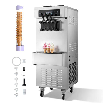 Commercial Ice Cream Machine, 20-28L/H Yield, 2200W 3-Flavor Freestanding Soft Serve Ice Cream Maker with 2 x 6L Hoppers & Built-In Puffing Pump, Pre-Cooling Low-Mix Alert for Snack Dessert Shop