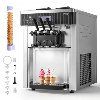 Commercial Ice Cream Machine, 20-28L/H Yield, 2200W 3-Flavor Countertop Soft Serve Ice Cream Maker with 2 x 6L Hoppers & Hopper Agitation, Pre-Cooling Self-Cleaning for Snack Dessert Shops