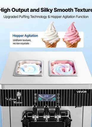 Commercial Ice Cream Machine, 20-28L/H Yield, 2200W 3-Flavor Countertop Soft Serve Ice Cream Maker with 2 x 6L Hoppers & Hopper Agitation, Pre-Cooling Self-Cleaning for Snack Dessert Shops