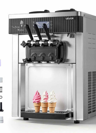Commercial Ice Cream Machine, 20-28L/H Yield, 2200W 3-Flavor Countertop Soft Serve Ice Cream Maker with 2 x 6L Hoppers & Hopper Agitation, Pre-Cooling Self-Cleaning for Snack Dessert Shops