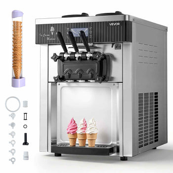 Commercial Ice Cream Machine, 20-28L/H Yield, 2200W 3-Flavor Countertop Soft Serve Ice Cream Maker with 2 x 6L Hoppers & Hopper Agitation, Pre-Cooling Self-Cleaning for Snack Dessert Shops