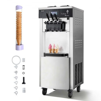 Commercial Ice Cream Machine, 20-28L/H Yield, 2200W 3-Flavor Freestanding Soft Serve Ice Cream Maker with 2 x 6L Hoppers & Hopper Agitation, Pre-Cooling Self-Cleaning for Snack Dessert Shops