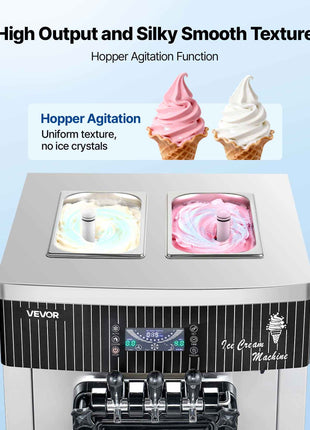 Commercial Ice Cream Machine, 20-28L/H Yield, 2200W 3-Flavor Freestanding Soft Serve Ice Cream Maker with 2 x 6L Hoppers & Hopper Agitation, Pre-Cooling Self-Cleaning for Snack Dessert Shops