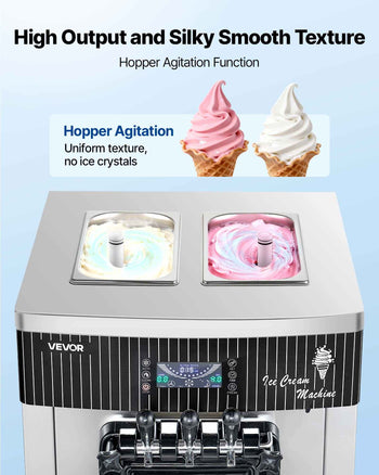 Commercial Ice Cream Machine, 20-28L/H Yield, 2200W 3-Flavor Freestanding Soft Serve Ice Cream Maker with 2 x 6L Hoppers & Hopper Agitation, Pre-Cooling Self-Cleaning for Snack Dessert Shops