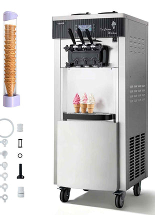 Commercial Ice Cream Machine, 20-28L/H Yield, 2200W 3-Flavor Freestanding Soft Serve Ice Cream Maker with 2 x 6L Hoppers & Hopper Agitation, Pre-Cooling Self-Cleaning for Snack Dessert Shops