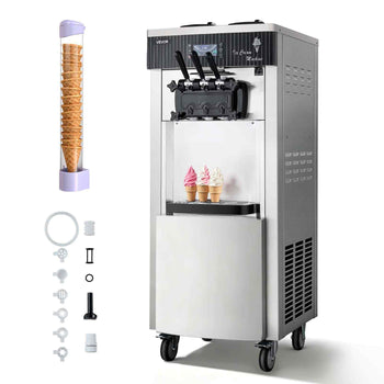 Commercial Ice Cream Machine, 20-28L/H Yield, 2200W 3-Flavor Freestanding Soft Serve Ice Cream Maker with 2 x 6L Hoppers & Hopper Agitation, Pre-Cooling Self-Cleaning for Snack Dessert Shops