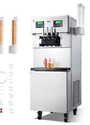 Commercial Ice Cream Machine, 34-44L/H Yield, Dual-Compressor Freestanding Soft Serve Ice Cream Maker with 2*10L Hoppers & 3 Flavors, Pre-Cooling Puffing Low-Mix Alert for Snack Dessert Shops