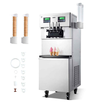 Commercial Ice Cream Machine, 34-44L/H Yield, Dual-Compressor Freestanding Soft Serve Ice Cream Maker with 2*10L Hoppers & 3 Flavors, Pre-Cooling Puffing Low-Mix Alert for Snack Dessert Shops