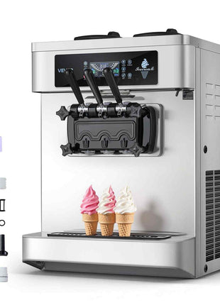 Commercial Ice Cream Machine, 20-28L/H Yield, 2200W 3-Flavor Countertop Soft Serve Ice Cream Maker with 2 x 6L Hoppers & Built-In Puffing Pump, Pre-Cooling Low-Mix Alert for Snack Dessert Shops