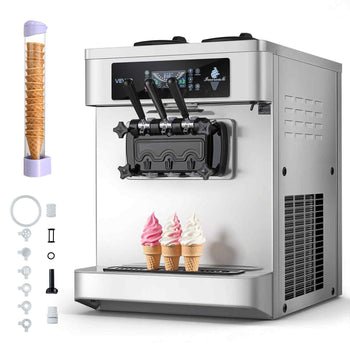 Commercial Ice Cream Machine, 20-28L/H Yield, 2200W 3-Flavor Countertop Soft Serve Ice Cream Maker with 2 x 6L Hoppers & Built-In Puffing Pump, Pre-Cooling Low-Mix Alert for Snack Dessert Shops