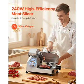 10" Commercial Meat Slicer, 240W Electric Deli Food Slicer with Carbon Steel Blade, Built-In Sharpener & 0-0.47" Adjustable Thickness for Frozen Meat, Ham, Baguett, Steak, UL Approved