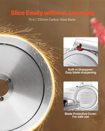 10" Commercial Meat Slicer, 240W Electric Deli Food Slicer with Carbon Steel Blade, Built-In Sharpener & 0-0.47" Adjustable Thickness for Frozen Meat, Ham, Baguett, Steak, UL Approved
