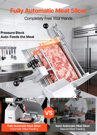 Fully Automatic Meat Slicer, 180W + 370W Commercial Food-Slicer with 10" Carbon Steel Blade, Built-In Sharpener & 0-0.3" Adjustable Thickness for Frozen Meat, Ham, Baguett, Steak