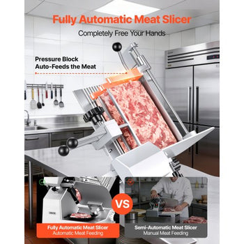 Fully Automatic Meat Slicer, 180W + 370W Commercial Food-Slicer with 10" Carbon Steel Blade, Built-In Sharpener & 0-0.3" Adjustable Thickness for Frozen Meat, Ham, Baguett, Steak