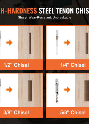 Mortising Attachment for Drill Press, 4 Model Drills Square Hole Chisel Set, Bench Drill Locator Set Mortise and Tenon Tools with 5 Bushings, for Woodworking Mortising Tenoning Drilling Machine