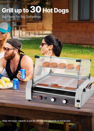 Hot Dog Roller, 30 Hot Dog 11 Rollers, Stainless Steel Sausage Grill Cooker, 1600W Commercial Hot Dog Machine with Dual Temp Control, Cover, Side Storage Box, Removable Shelf & Oil Drip Tray