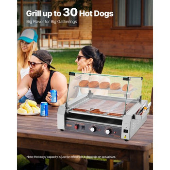 Hot Dog Roller, 30 Hot Dog 11 Rollers, Stainless Steel Sausage Grill Cooker, 1600W Commercial Hot Dog Machine with Dual Temp Control, Cover, Side Storage Box, Removable Shelf & Oil Drip Tray