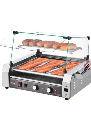 Hot Dog Roller, 30 Hot Dog 11 Rollers, Stainless Steel Sausage Grill Cooker, 1600W Commercial Hot Dog Machine with Dual Temp Control, Cover, Side Storage Box, Removable Shelf & Oil Drip Tray