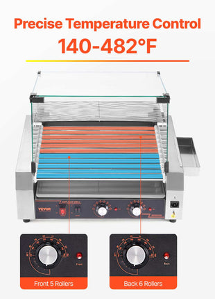Hot Dog Roller, 30 Hot Dog 11 Rollers, Stainless Steel Sausage Grill Cooker, 1600W Commercial Hot Dog Machine with Dual Temp Control, Cover, Side Storage Box, Removable Shelf & Oil Drip Tray