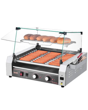 Hot Dog Roller, 30 Hot Dog 11 Rollers, Stainless Steel Sausage Grill Cooker, 1600W Commercial Hot Dog Machine with Dual Temp Control, Cover, Side Storage Box, Removable Shelf & Oil Drip Tray