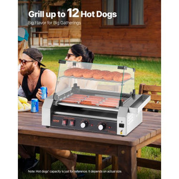 Hot Dog Roller, 12 Hot Dog 5 Rollers, Stainless Steel Sausage Grill Cooker, 750W Commercial Hot Dog Machine with Dual Temp Control, Cover, Side Storage Box, Removable Shelf & Oil Drip Tray