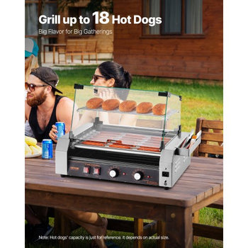 Hot Dog Roller, 18 Hot Dog 7 Rollers, Stainless Steel Sausage Grill Cooker, 1050W Commercial Hot Dog Machine with Dual Temp Control, Cover, Side Storage Box, Removable Shelf & Oil Drip Tray
