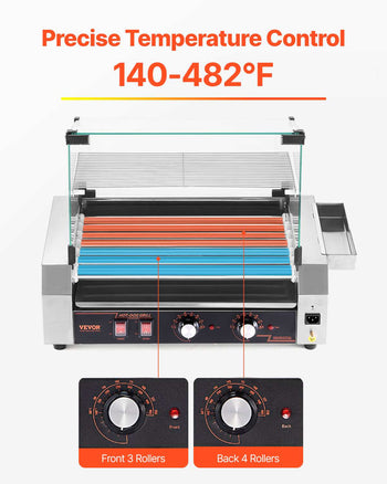 Hot Dog Roller, 18 Hot Dog 7 Rollers, Stainless Steel Sausage Grill Cooker, 1050W Commercial Hot Dog Machine with Dual Temp Control, Cover, Side Storage Box, Removable Shelf & Oil Drip Tray