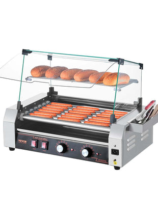 Hot Dog Roller, 18 Hot Dog 7 Rollers, Stainless Steel Sausage Grill Cooker, 1050W Commercial Hot Dog Machine with Dual Temp Control, Cover, Side Storage Box, Removable Shelf & Oil Drip Tray