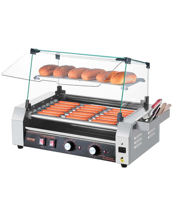 Hot Dog Roller, 18 Hot Dog 7 Rollers, Stainless Steel Sausage Grill Cooker, 1050W Commercial Hot Dog Machine with Dual Temp Control, Cover, Side Storage Box, Removable Shelf & Oil Drip Tray