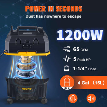 Wet Dry Vac, 4 Gallon, 5 Peak HP, 3 in 1 Shop Vacuum with Blowing Function Portable Attachments to Clean Floor, Upholstery, Gap, Car, ETL Listed, Black/Yellow