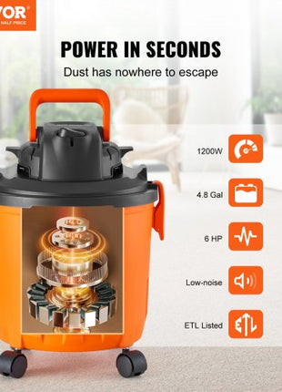 Shop Vacuum Wet And Dry, 5 Gallon 6 Peak HP Wet/Dry Vac, Powerful Suction with Blower Function with Attachments 2-in-1 Crevice Nozzle, Small Shop Vac Perfect for Carpet Debris, Pet Hair, Car