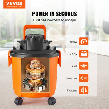 Shop Vacuum Wet And Dry, 5 Gallon 6 Peak HP Wet/Dry Vac, Powerful Suction with Blower Function with Attachments 2-in-1 Crevice Nozzle, Small Shop Vac Perfect for Carpet Debris, Pet Hair, Car