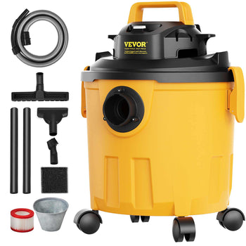 Yellow Vevor wet/dry vacuum cleaner with accessories including hoses, filters, and various cleaning attachments.
